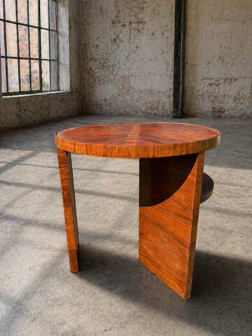 Art Deco round side table with shelf – vintage wood occasional table / bedside table