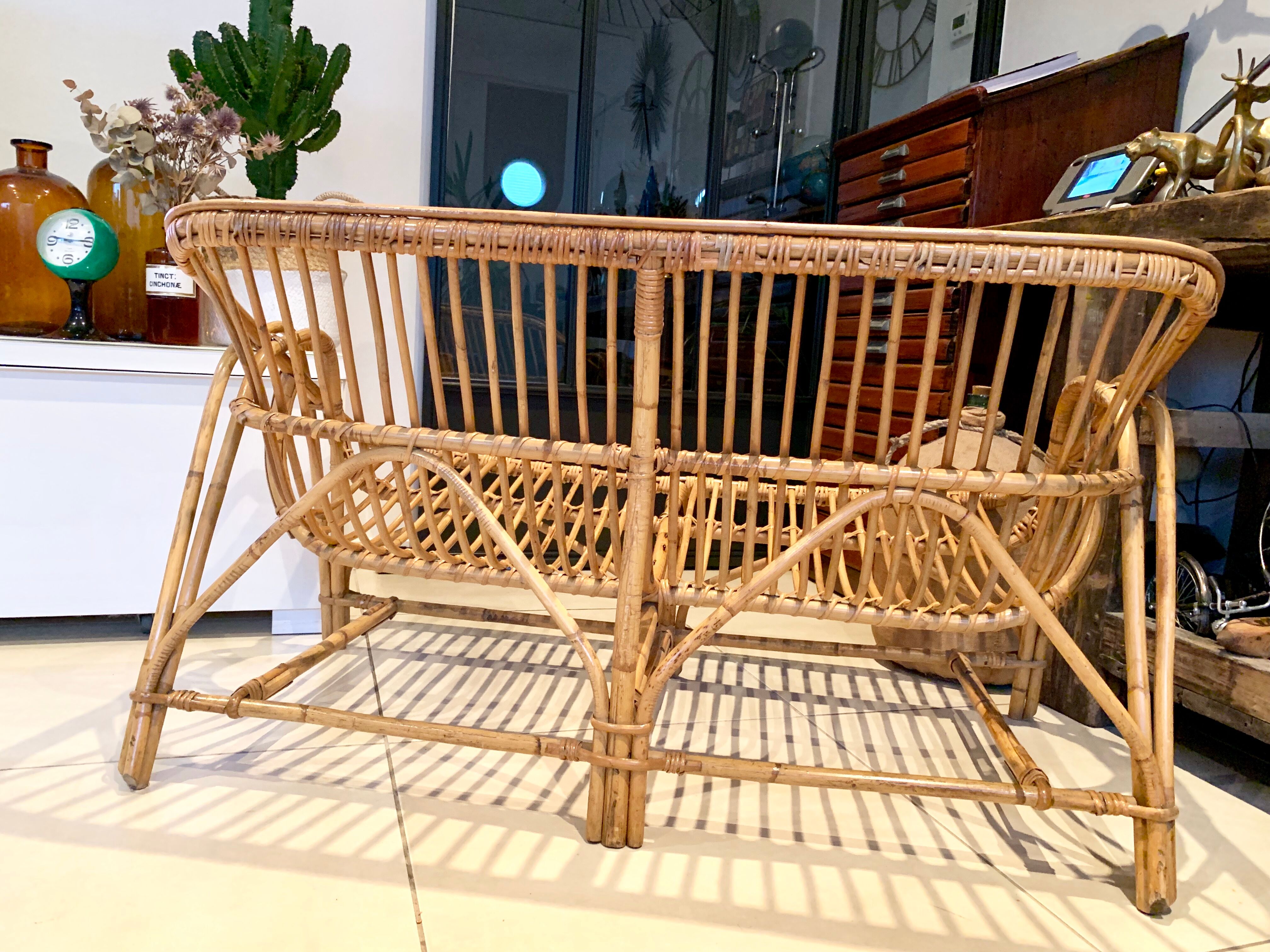 Vintage rattan bench sofa