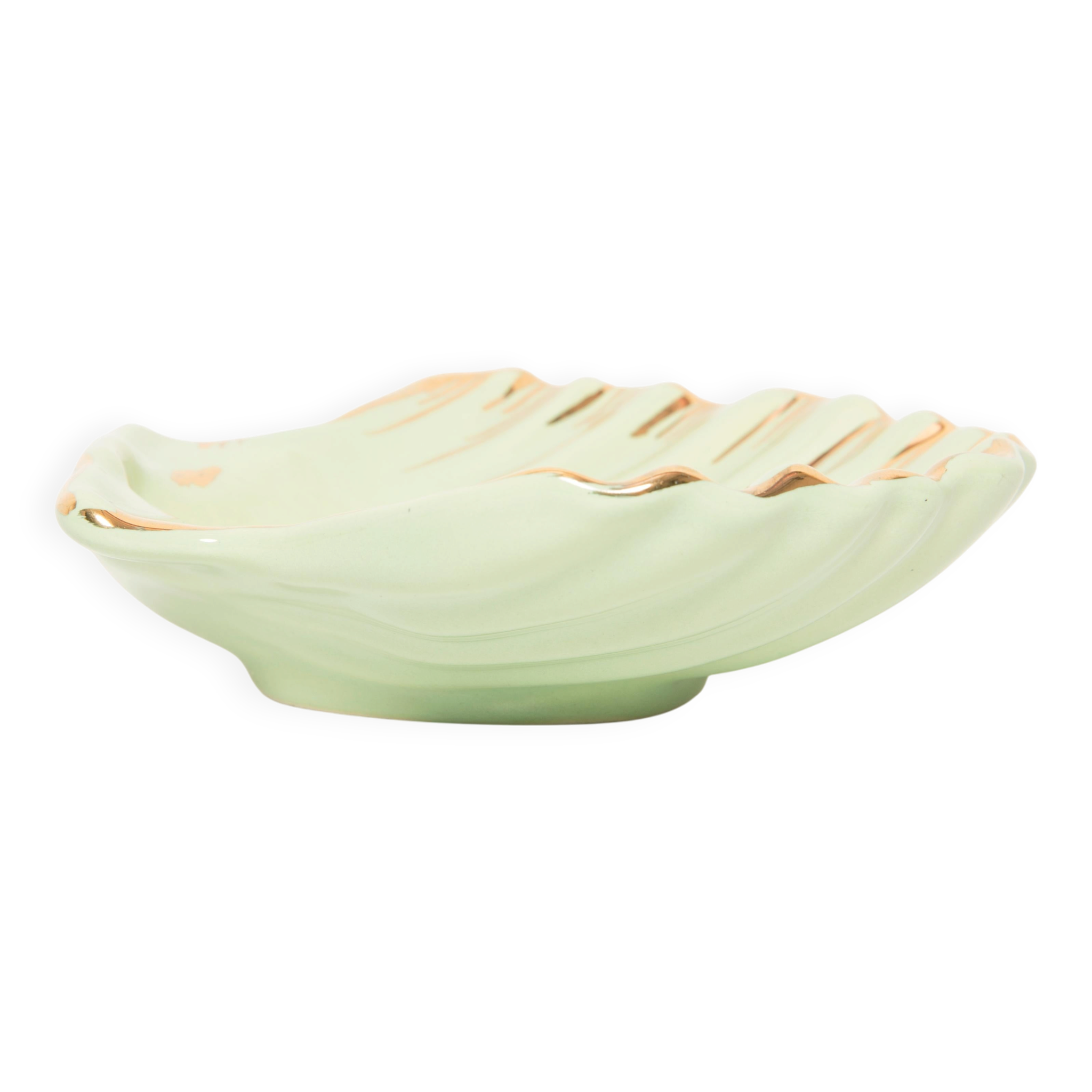 Vintage decorative plate in wood and ceramic with green shells, France, 1960s.