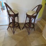 Set of 2 swivel bar stools / chairs - wood - cane - rattan - 80s