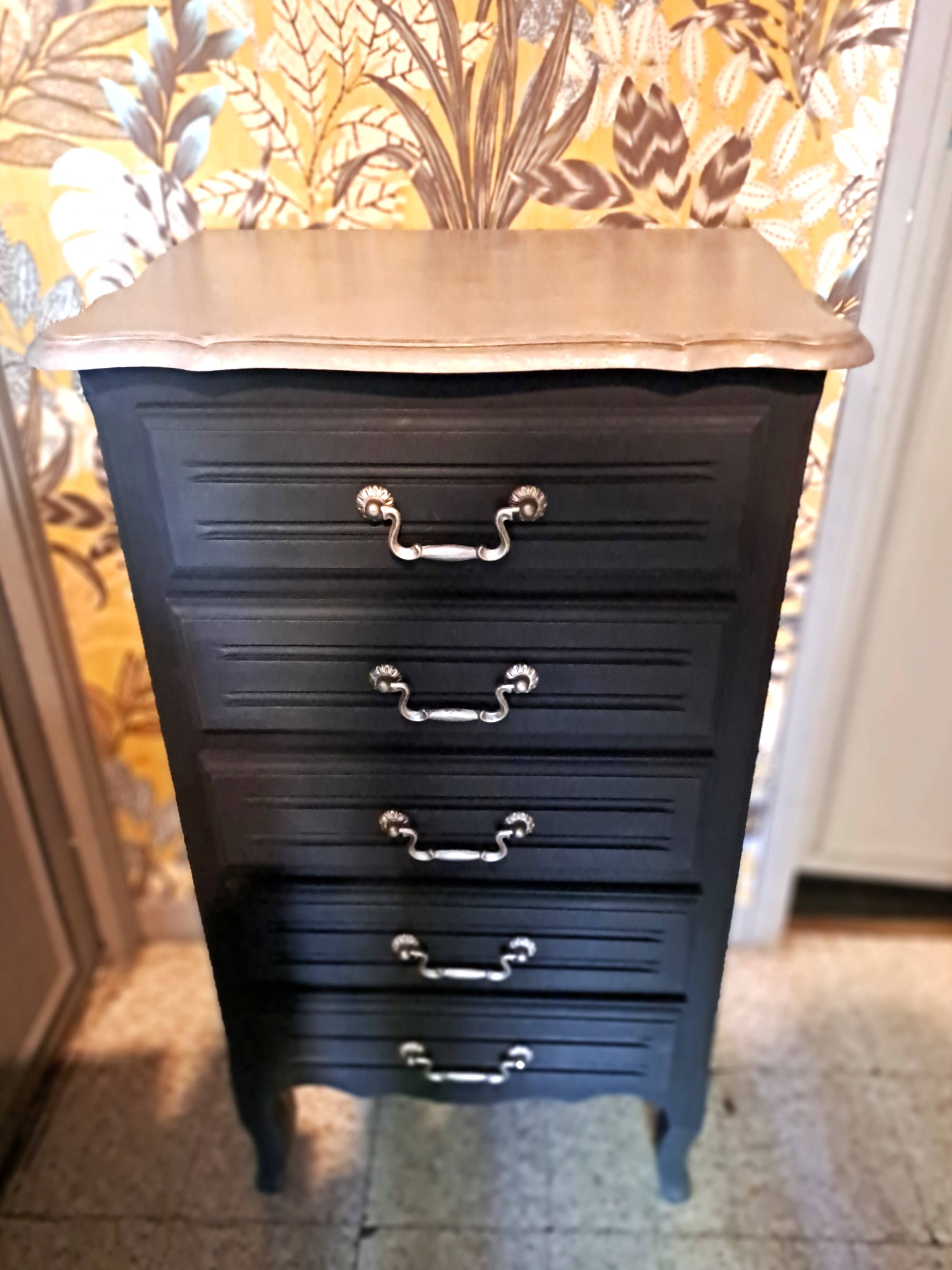 Black and grey painted wooden chest of drawers from France 1950 with 5 drawers