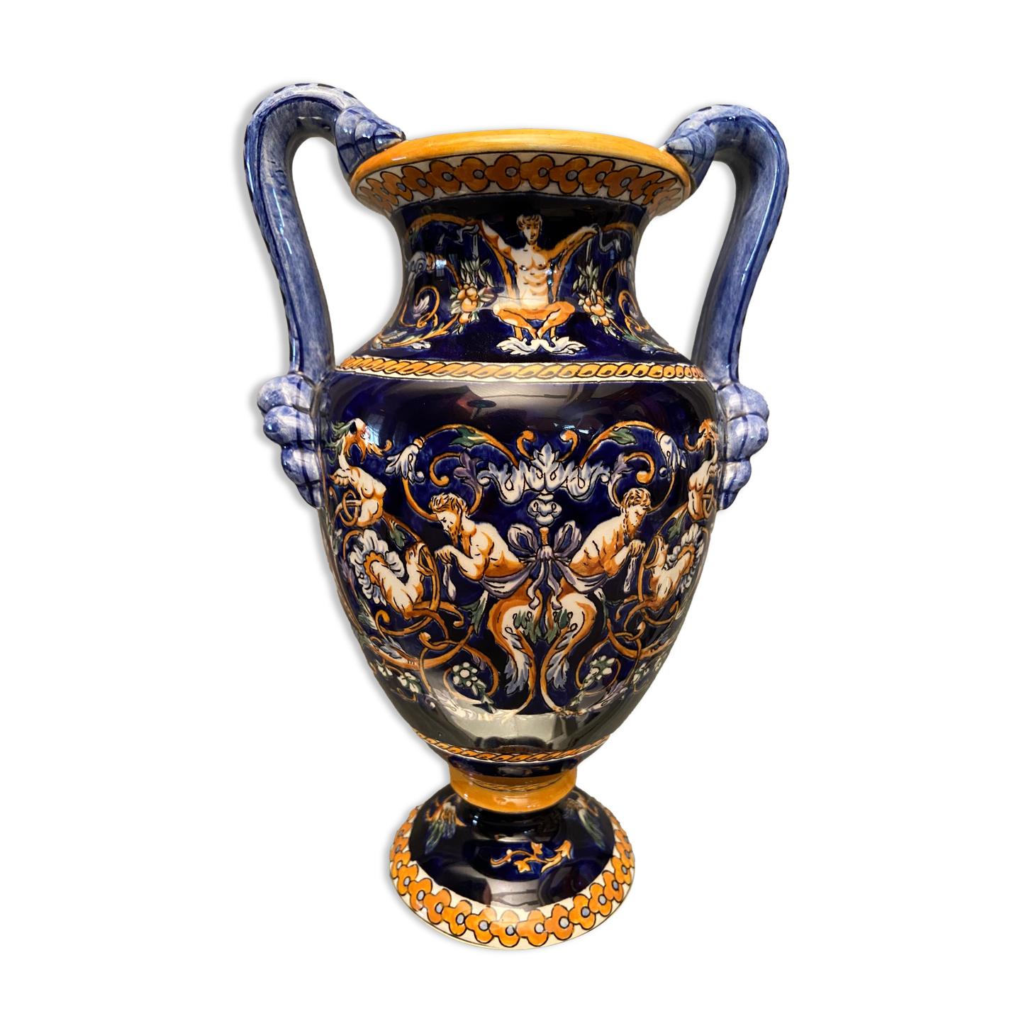 Vase on pedestal with handles in earthenware Gien Italian Renaissance decoration
