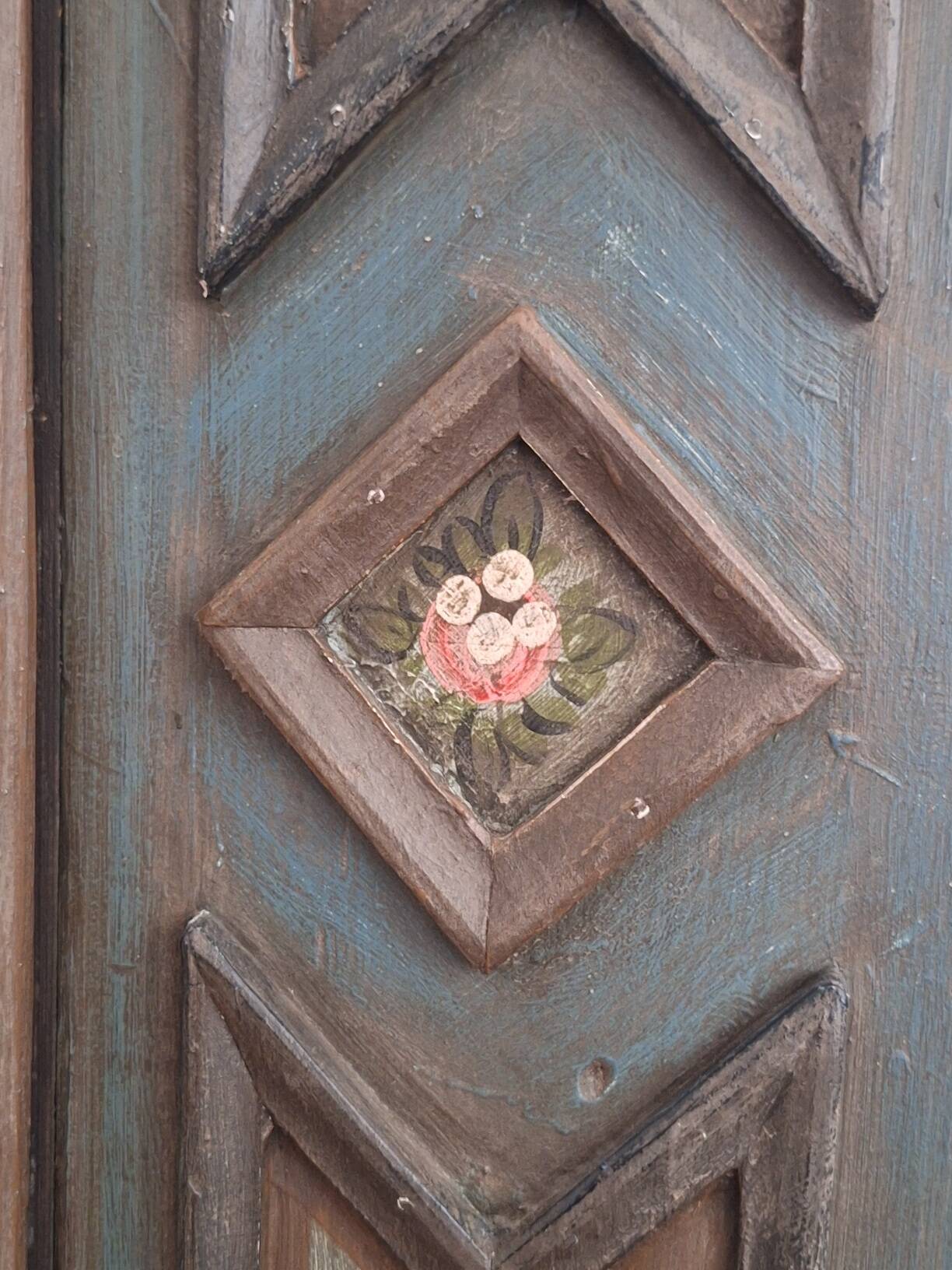 Antique blue hand-painted small Alpine wardrobe, circa 1810-20