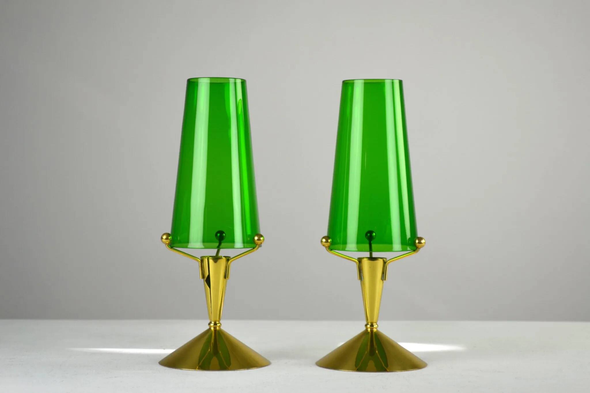 Pair of Brass & Green Glass Candleholders — Gunnar Ander for Ystad-Metall, Sweden, 1960s