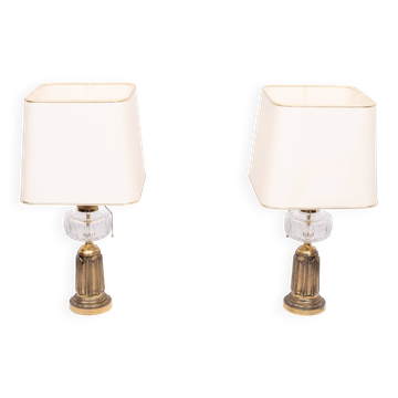Heyco set Brass and Crystal Glass Table lamps with Shades 1960s USA