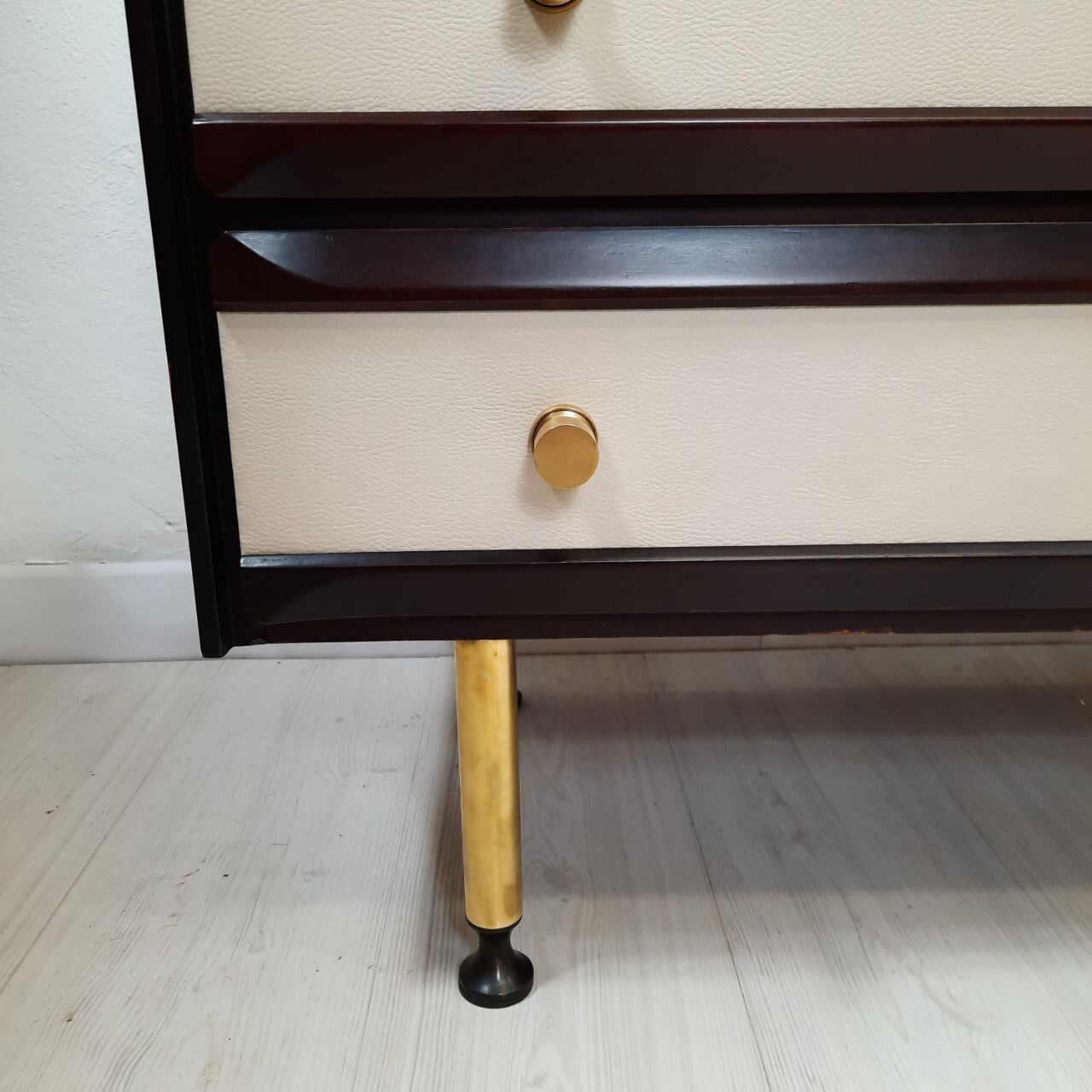 Dresser / chest of drawers and bedside tables - 1960s - faux leather brass
