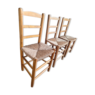 3 vintage straw chairs, old furniture seats