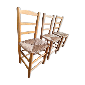 3 chaises paillées vintage, meubles sièges anciens
