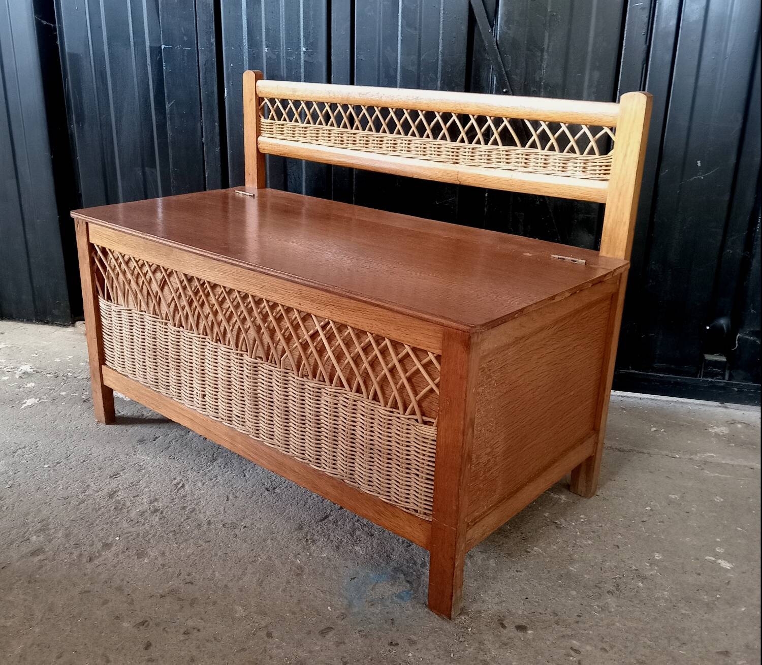 Vintage wood and rattan toy chest bench