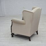 1960s, Danish wingback armchair, furniture velour, carved oak wood.