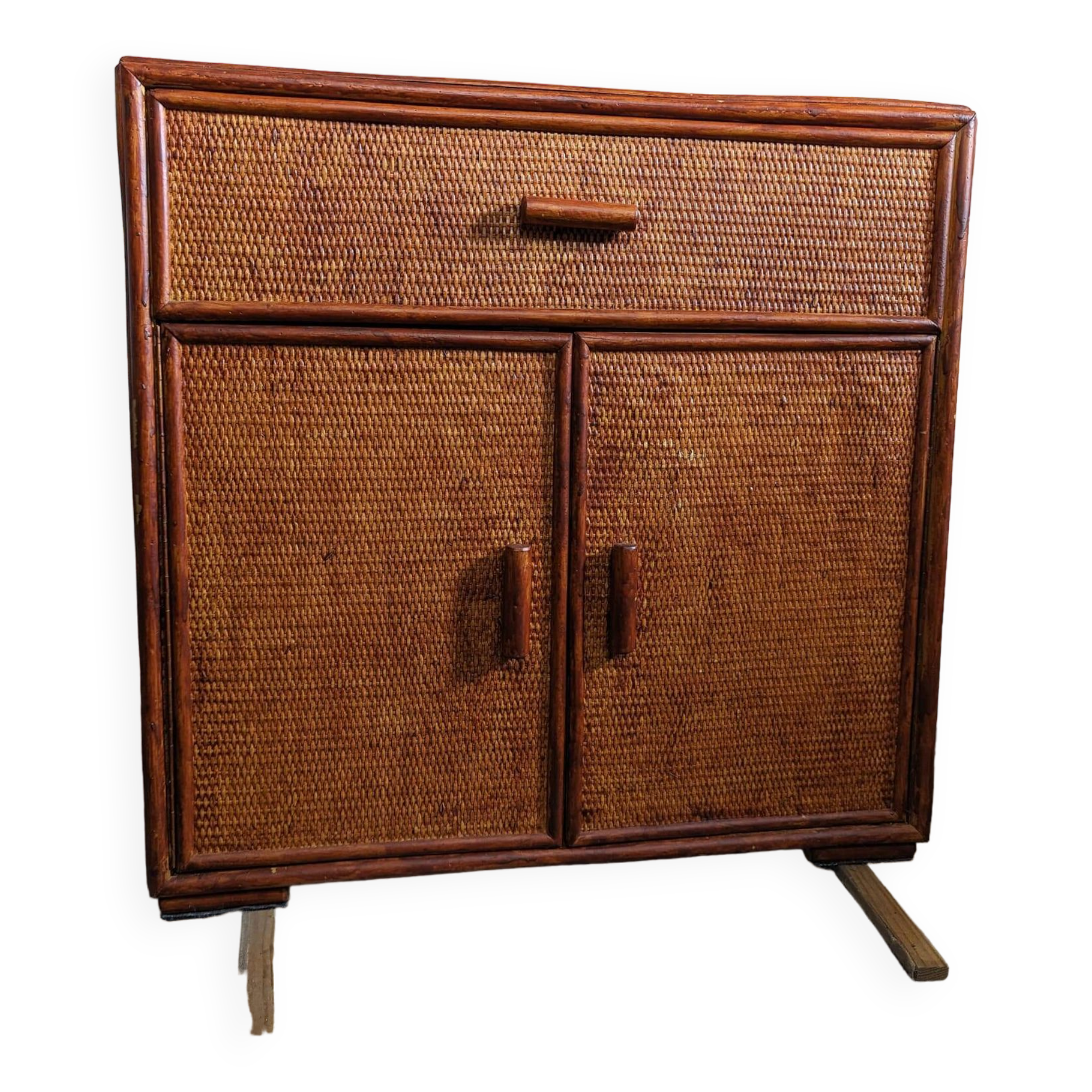 Rattan chest of drawers with one large drawer and two hinged doors - mahogany color