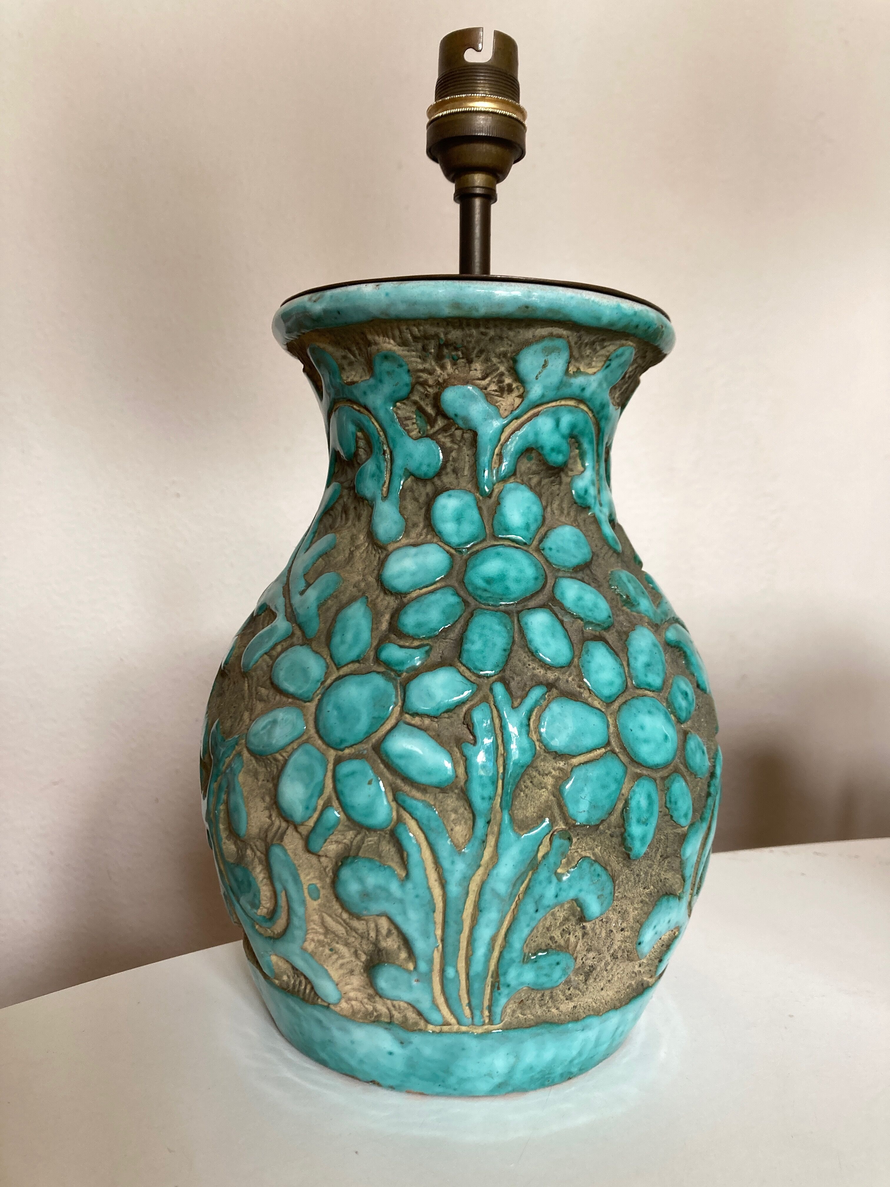 Italian glazed ceramic lamp 1960 mid century Bitossi turquoise