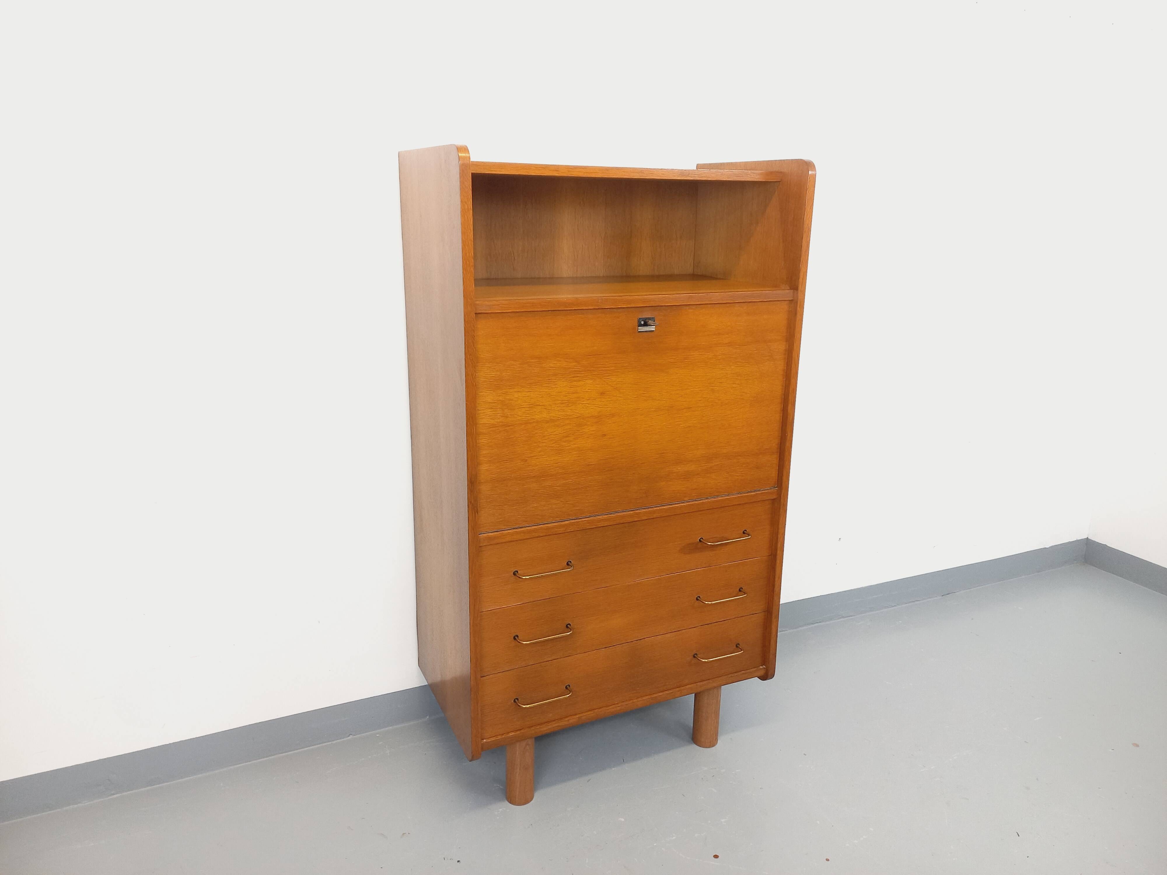 Vintage oak secretary storage furniture from the 1950s and 60s.