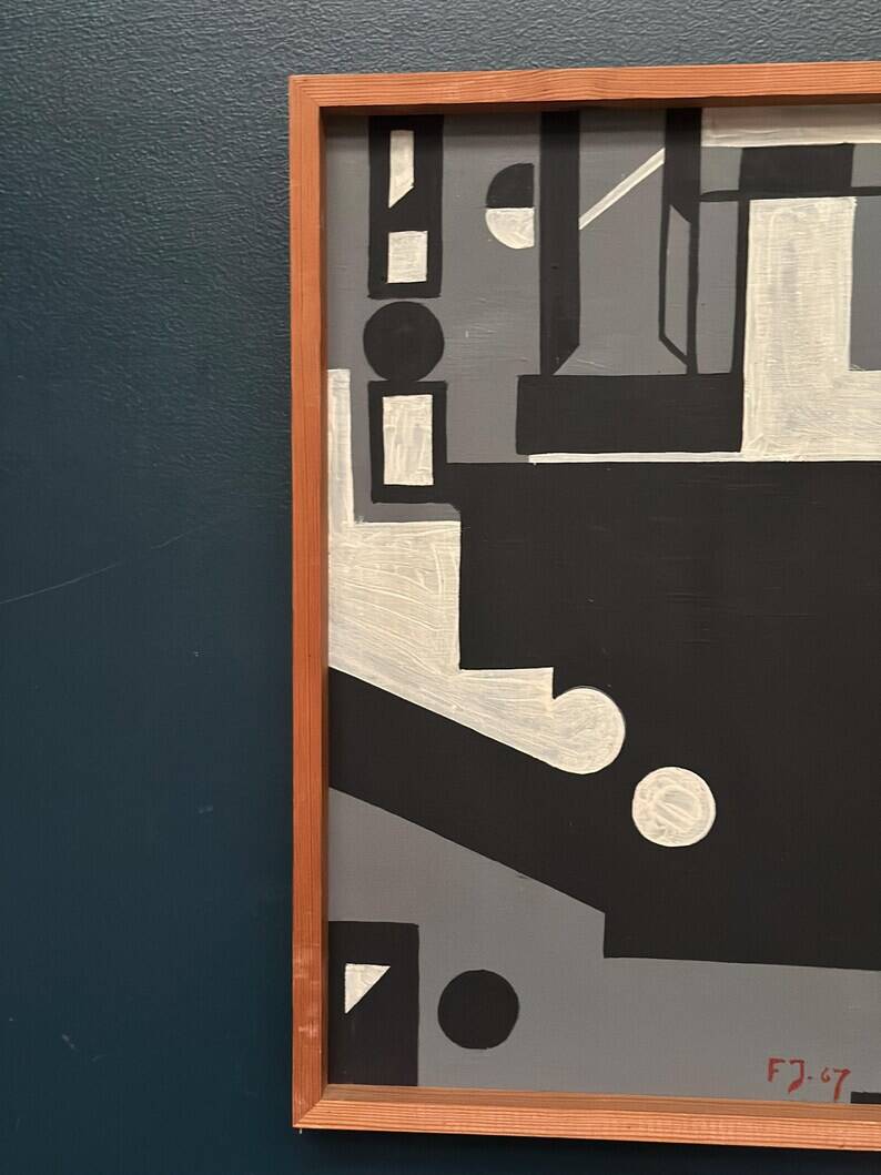 Original Danish Oil on Canvas – “Cultural Revolution in the Passerenden” by Finn Johansen 1967 – Vintage & Framed – 56.5×36.5cm (22.2" × 14.4")