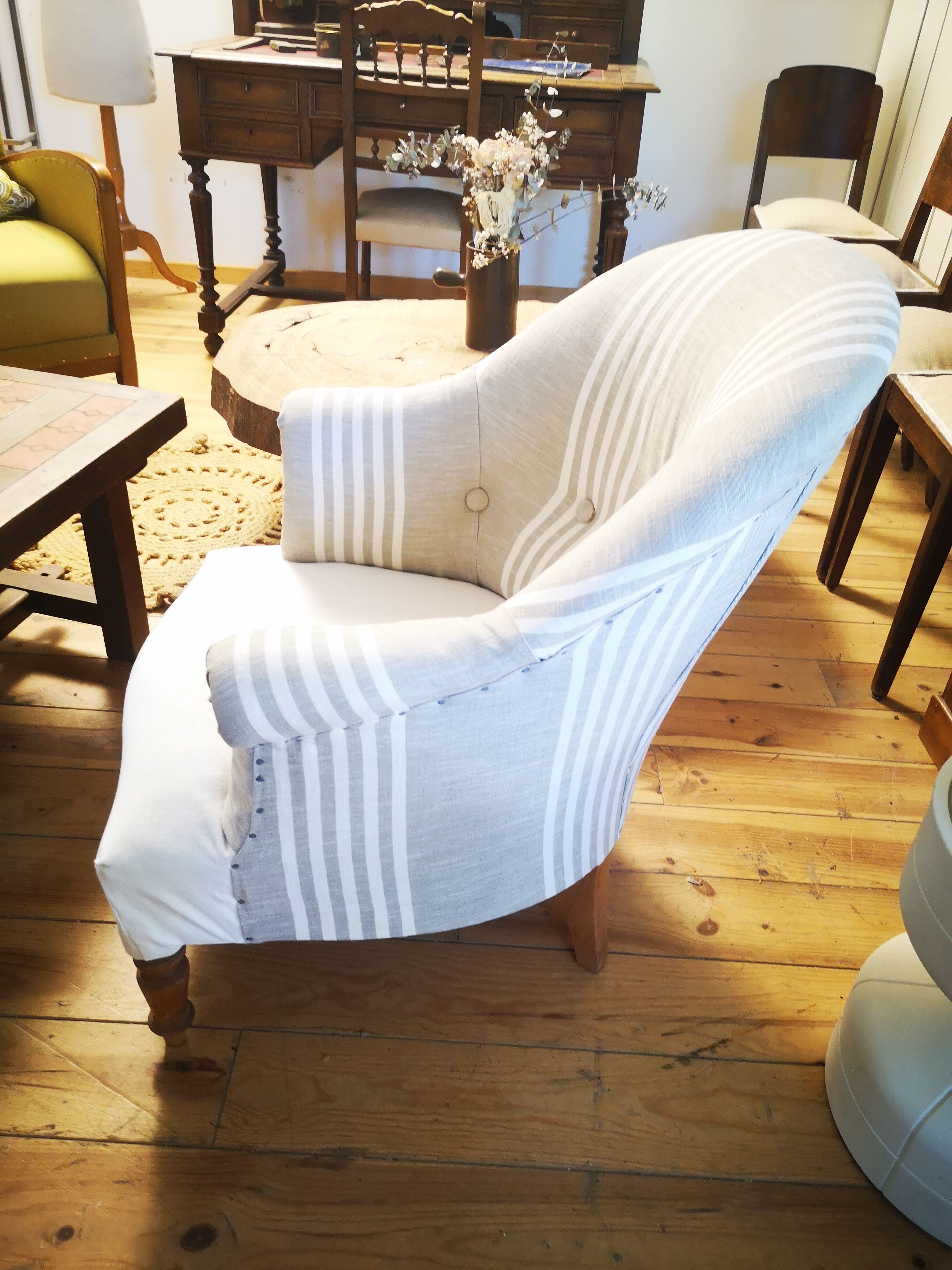 Restored reupholstered toad armchair