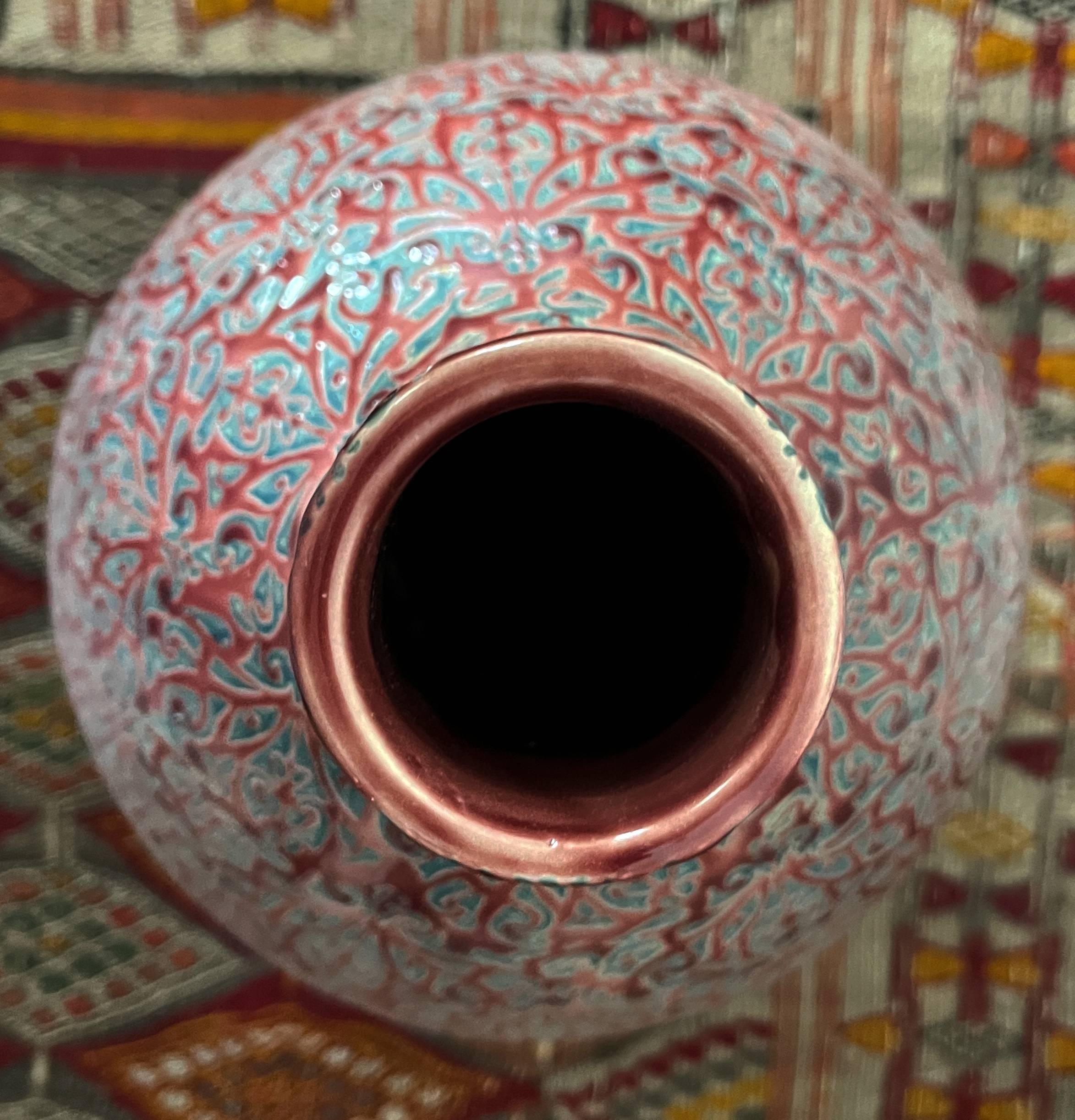 Large ceramic art vase with signed enamel interlacing