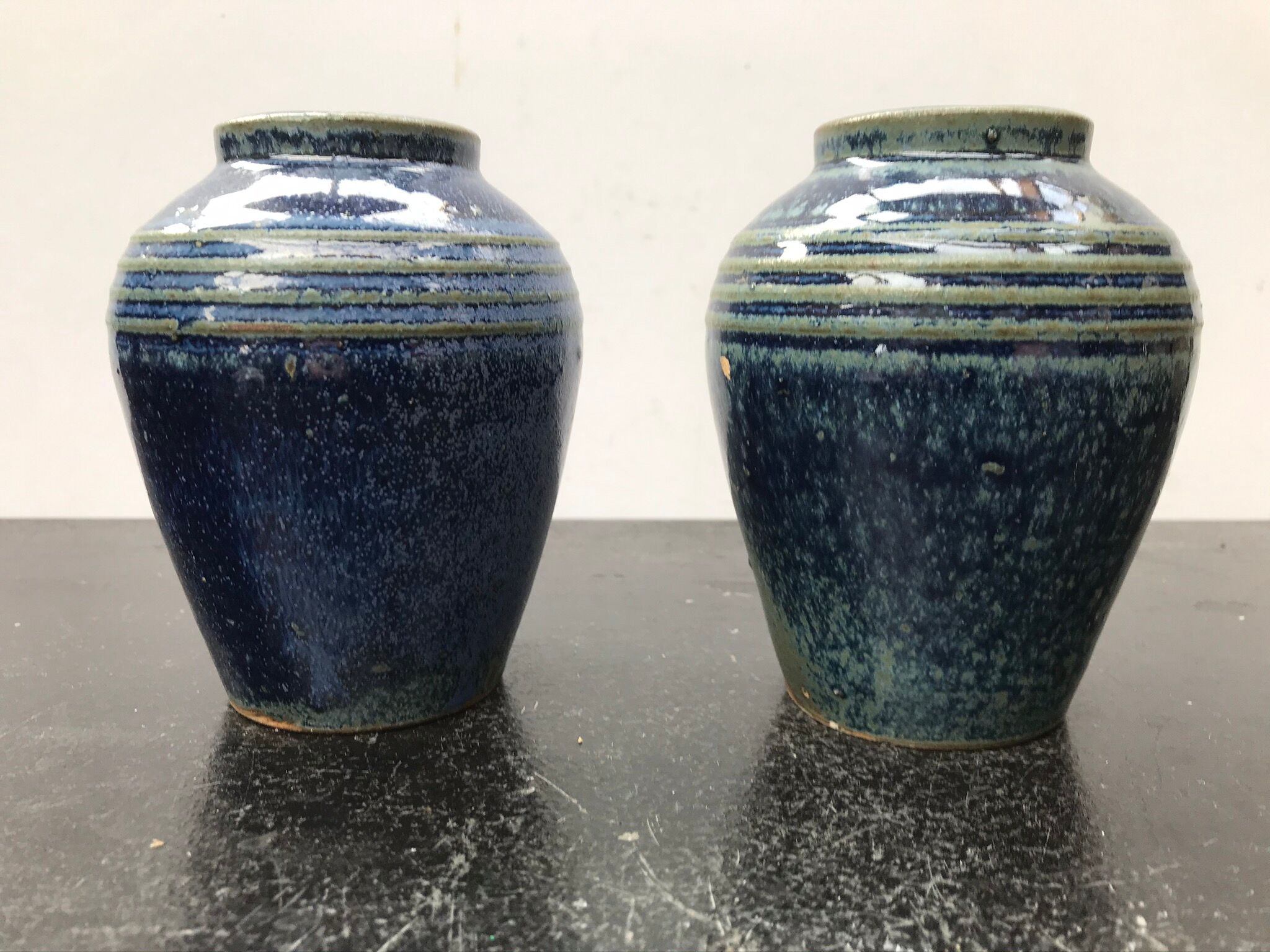 Pair of old vintage blue enamelled stoneware vases