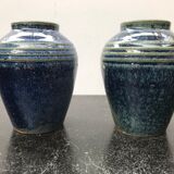 Paire de vases ancien grès émaillé bleu vintage