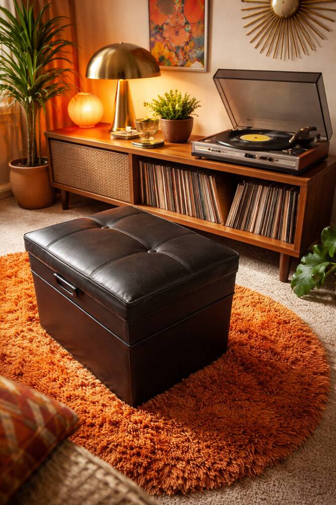 Vinyl storage chest pouf 1970
