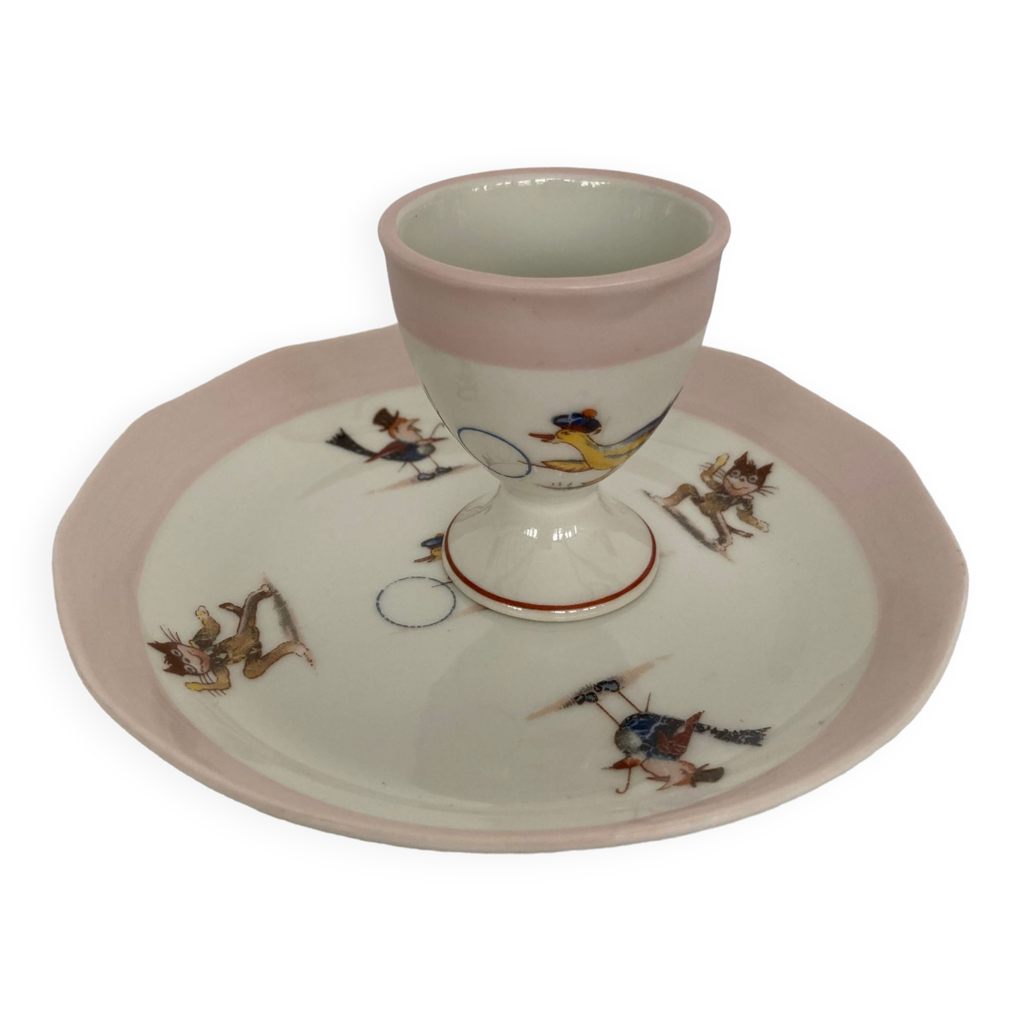 Set cockerel saucer children porcelain Limoges Chapus