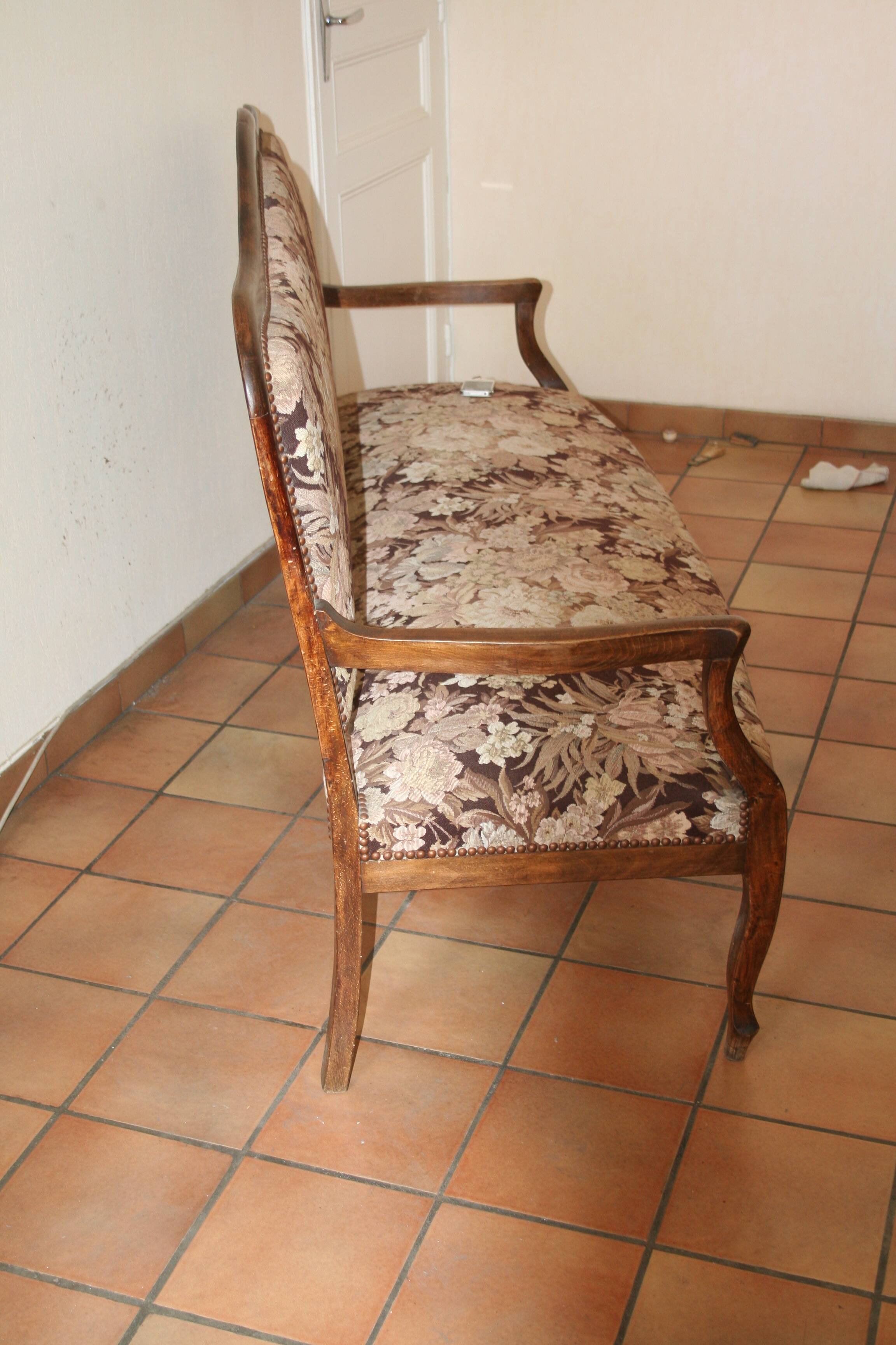 Old provencal bench studded fabric & solid wood 3 seat