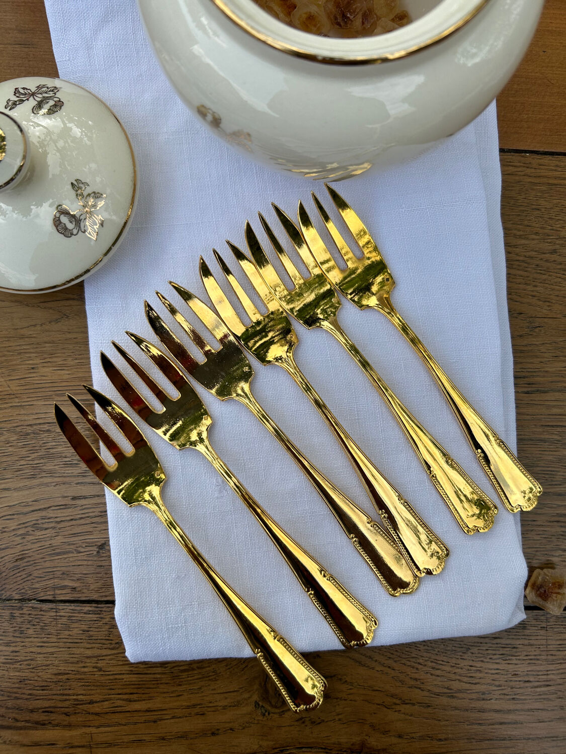 6 vintage golden metal dessert forks
