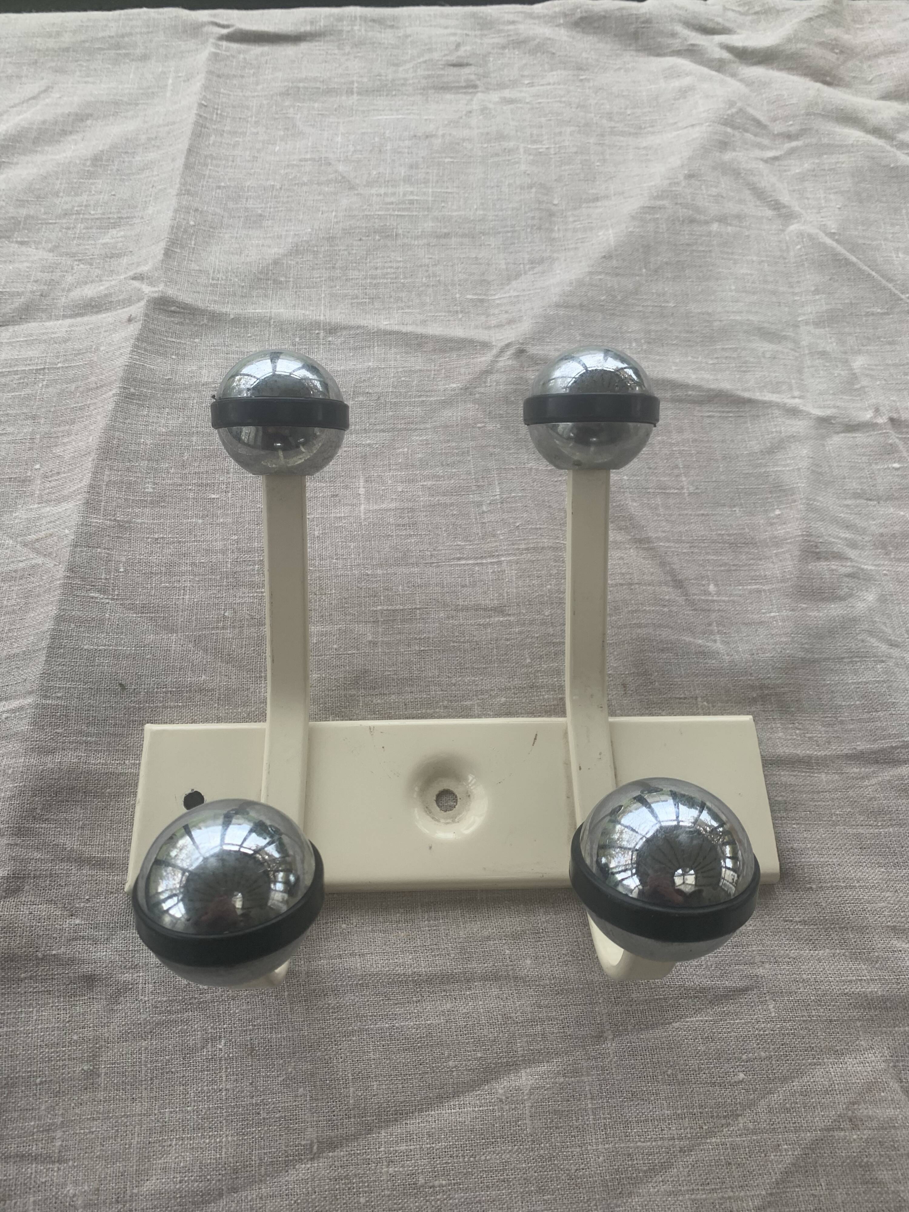 Industrial wall coat rack two hooks in white lacquered metal and vintage silver 1970