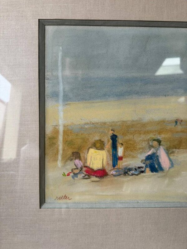 Tableau pastel, scène de plage en famille en Normandie signé Henri Reiter