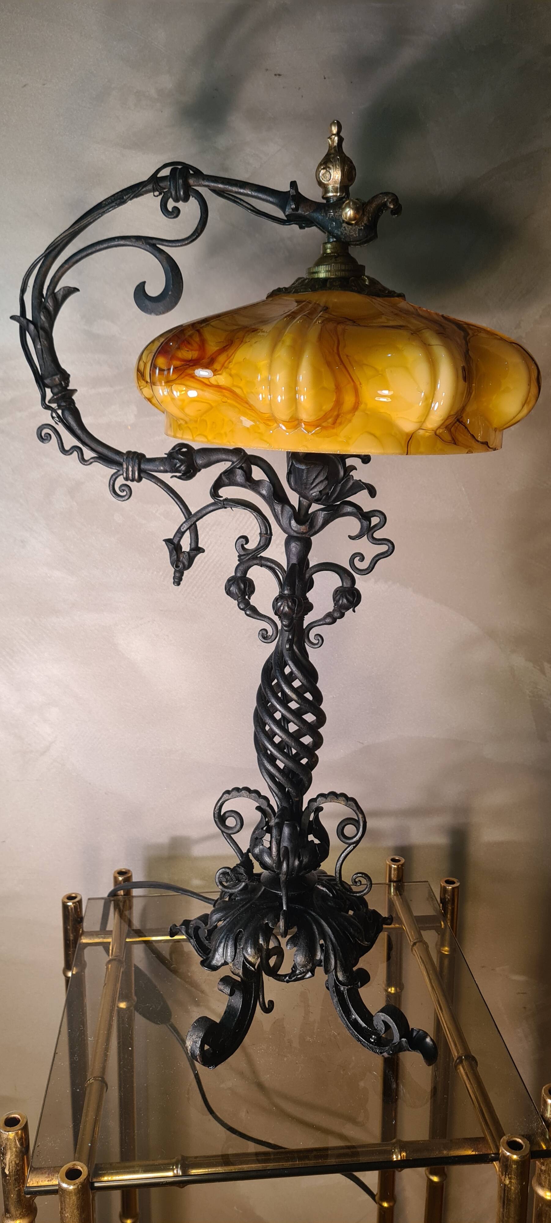 large wrought iron work lamp Andalusian style 1900 marbled opaline,,,, 49x25 magnificent and rare