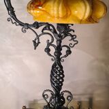 large wrought iron work lamp Andalusian style 1900 marbled opaline,,,, 49x25 magnificent and rare