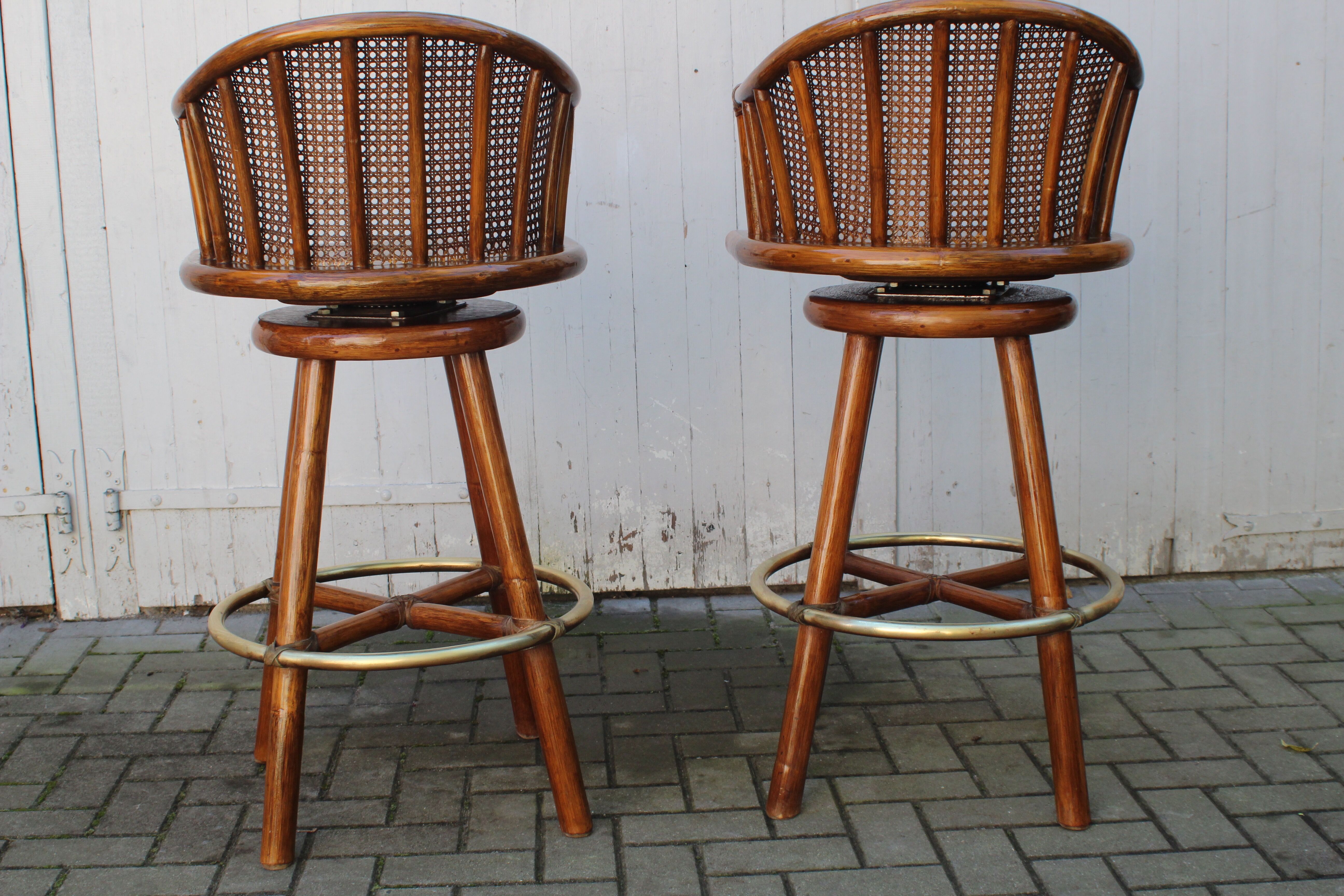 Pair of bamboo bar stools full canned colonial style 1960
