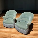 Pair of celadon green velvet armchairs with armrests, esprit