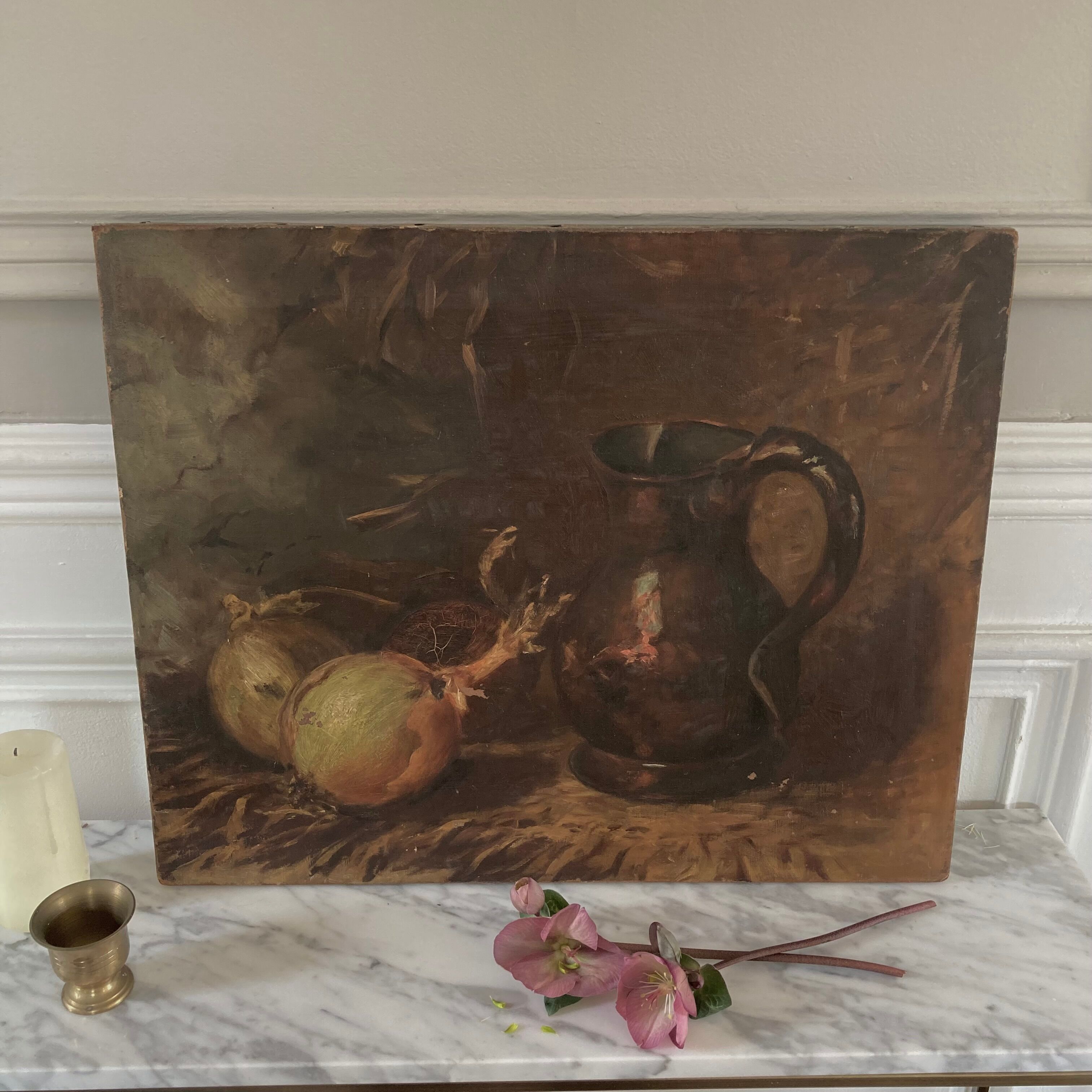 Oil on canvas old still life with jug