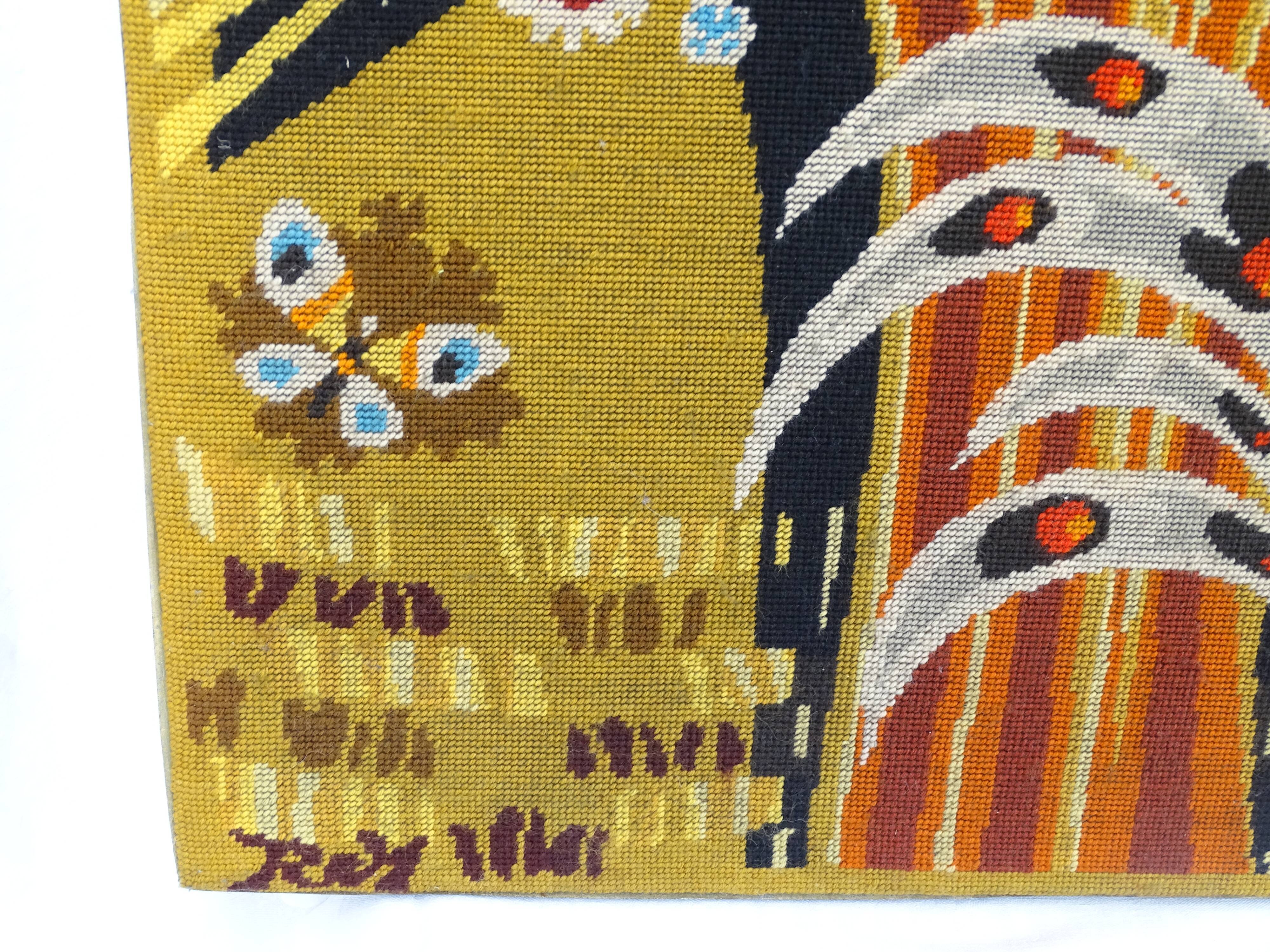 Wall tapestry "the rooster under the bouquet of wheat" signed Rey, circa 1970