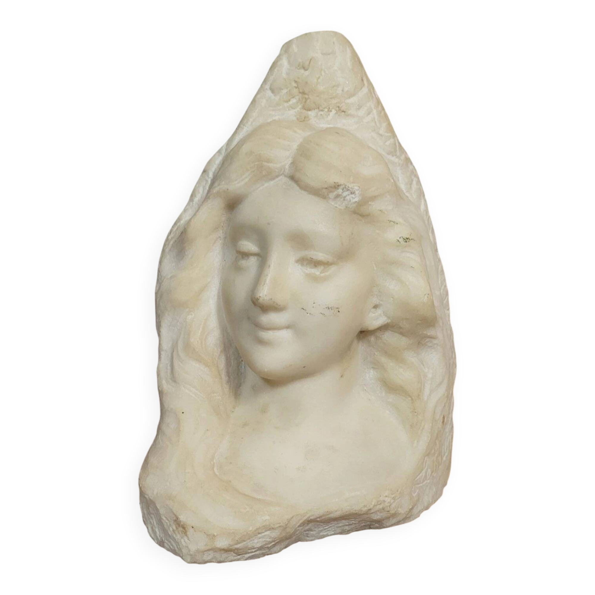 Lebrun: Bust of a young girl sculpted in white marble, Art Nouveau period
