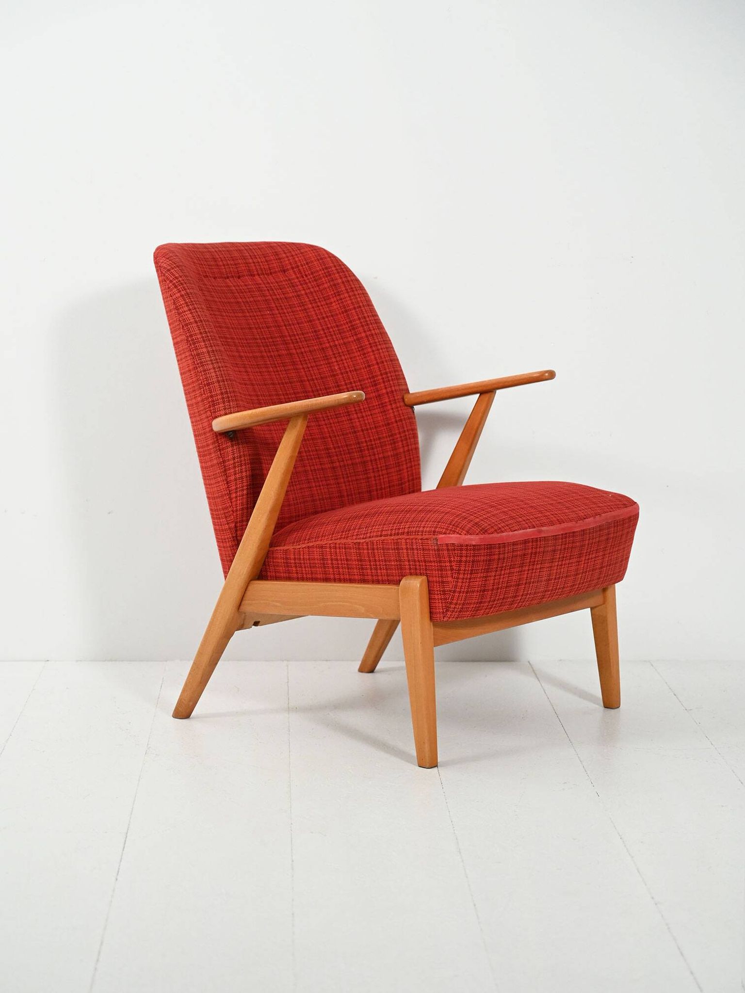 Scandinavian 1950s Beech Armchair with red upholstery