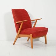 Scandinavian 1950s Beech Armchair with red upholstery
