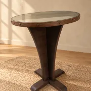 Vintage round wooden side table – Sculptural base – Art Deco style