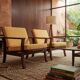Pair of vintage curved beech armchairs, refurbished – Corduroy fabric