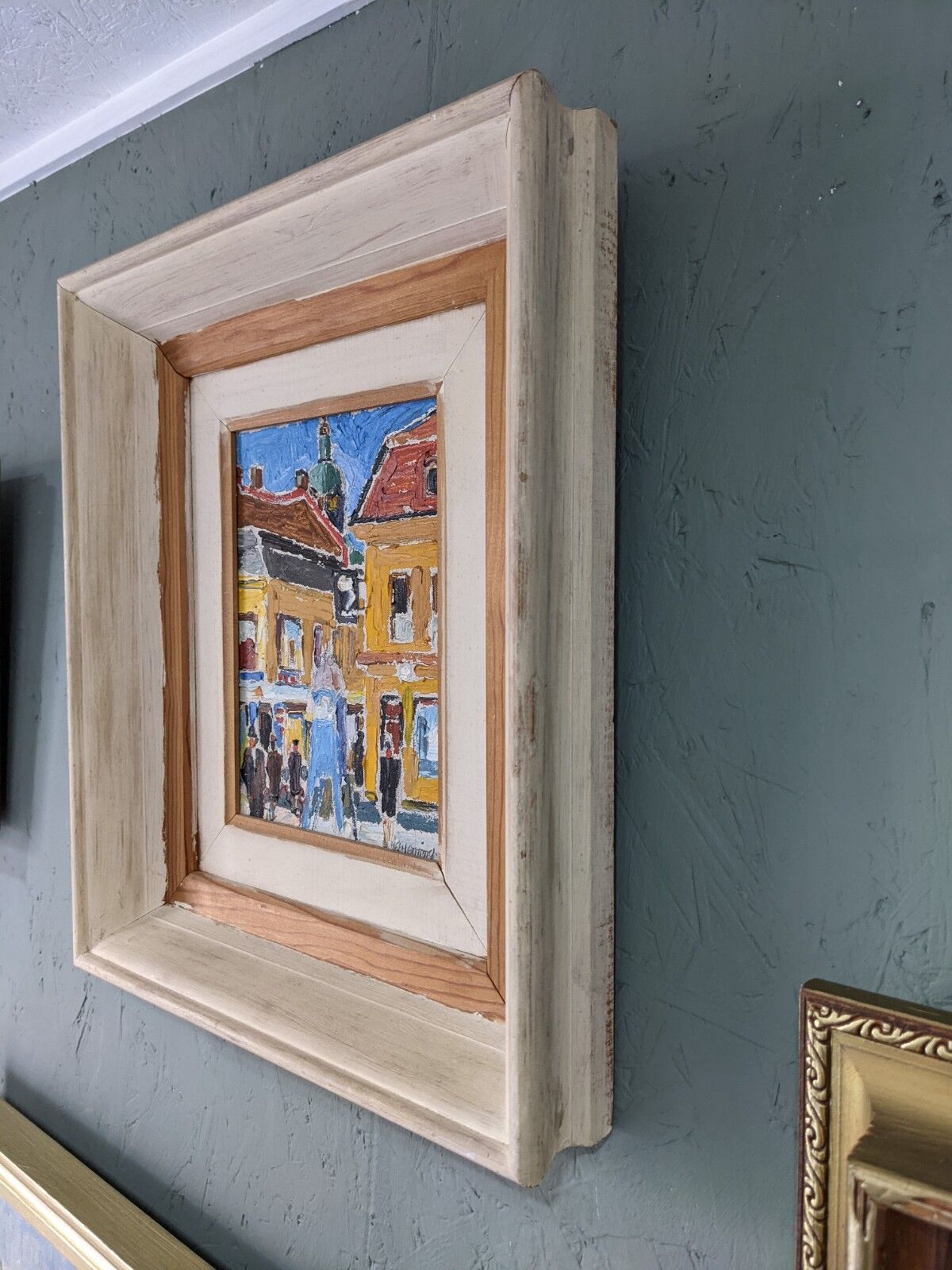 Mid-Century Modern Swedish Oil Painting "Pedestrians", Framed Street Scene