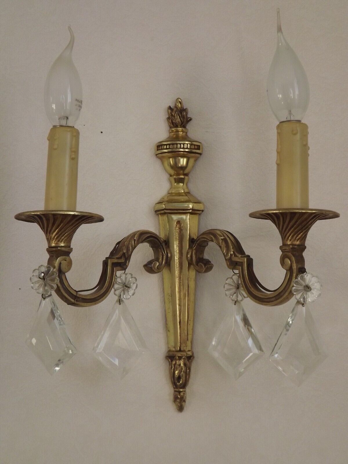 French Pair of Double Empire Brass Wall Sconces with Diamond Crystal Drops
