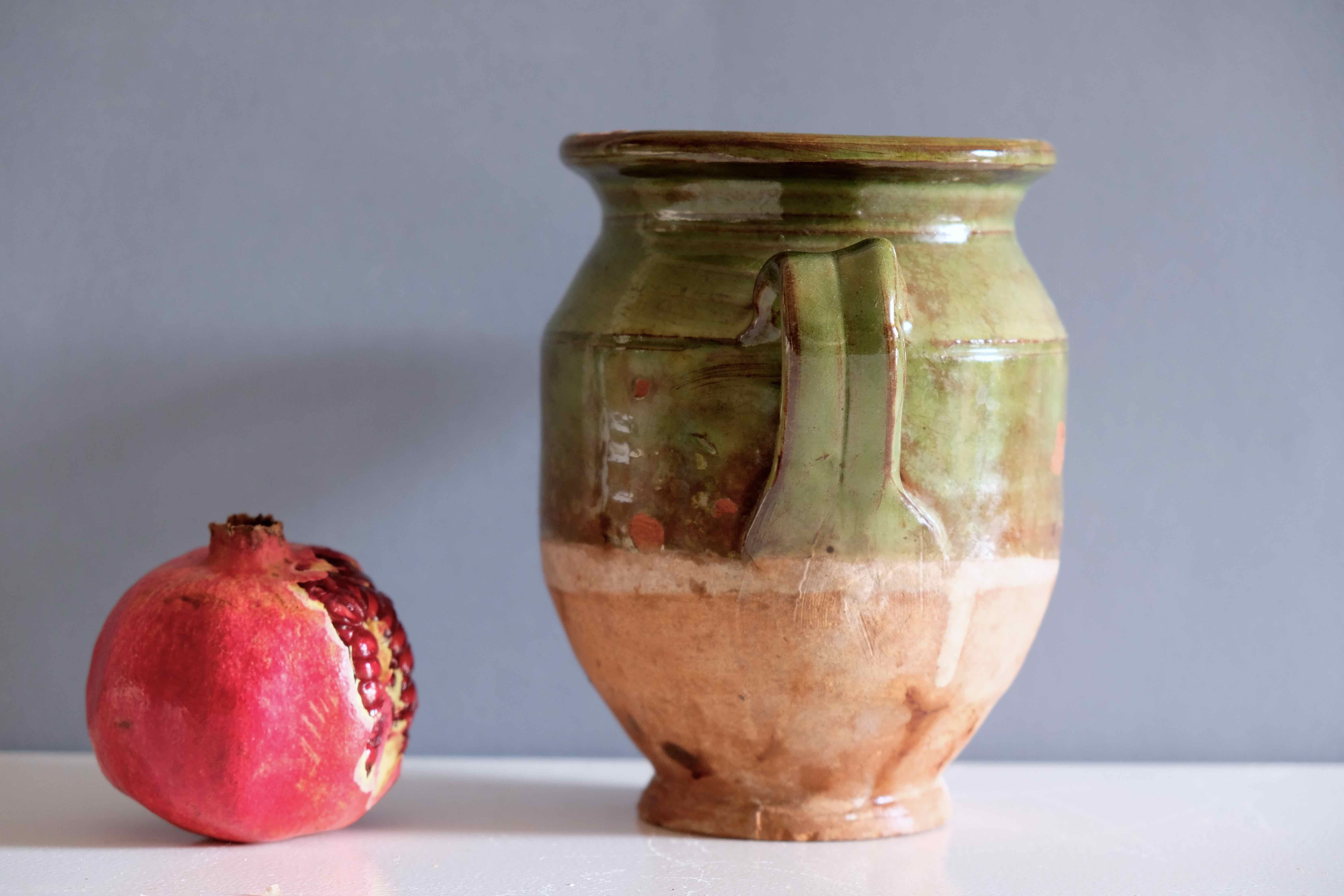 Terra cotta glazed Provencal old enameled antique olive jar