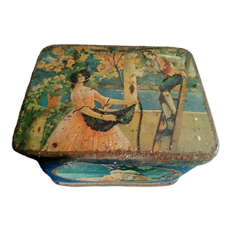 Screen-printed sheet metal box early twentieth romantic scene