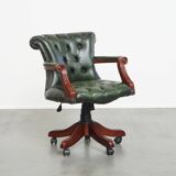 Green Cowhide Leather Chesterfield Office Chair on Wheels