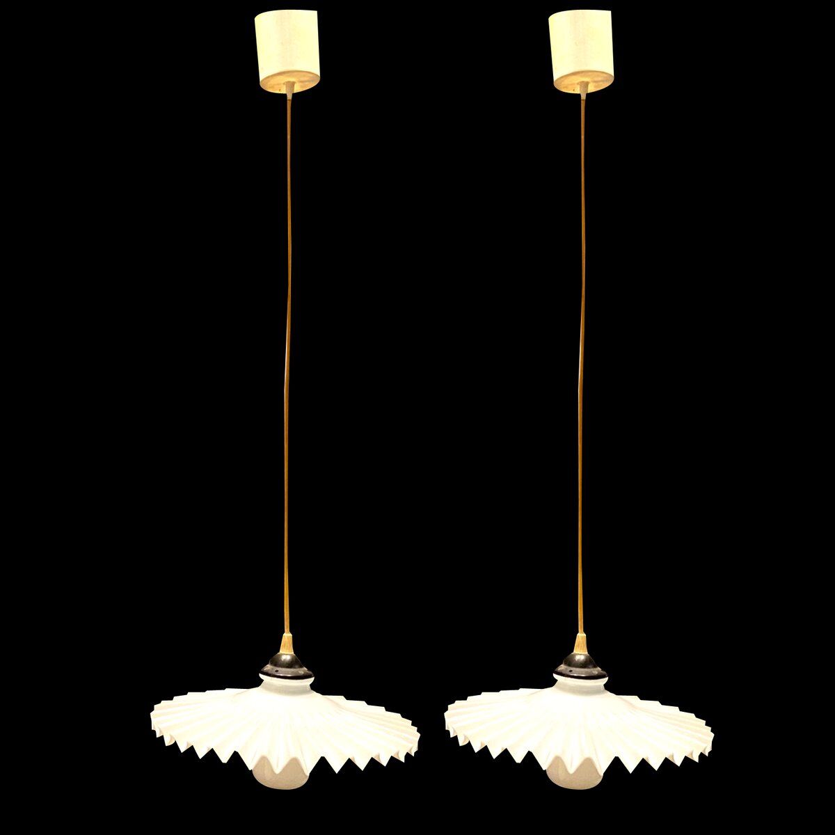 Opaline pleated glass light pendants, set of 2