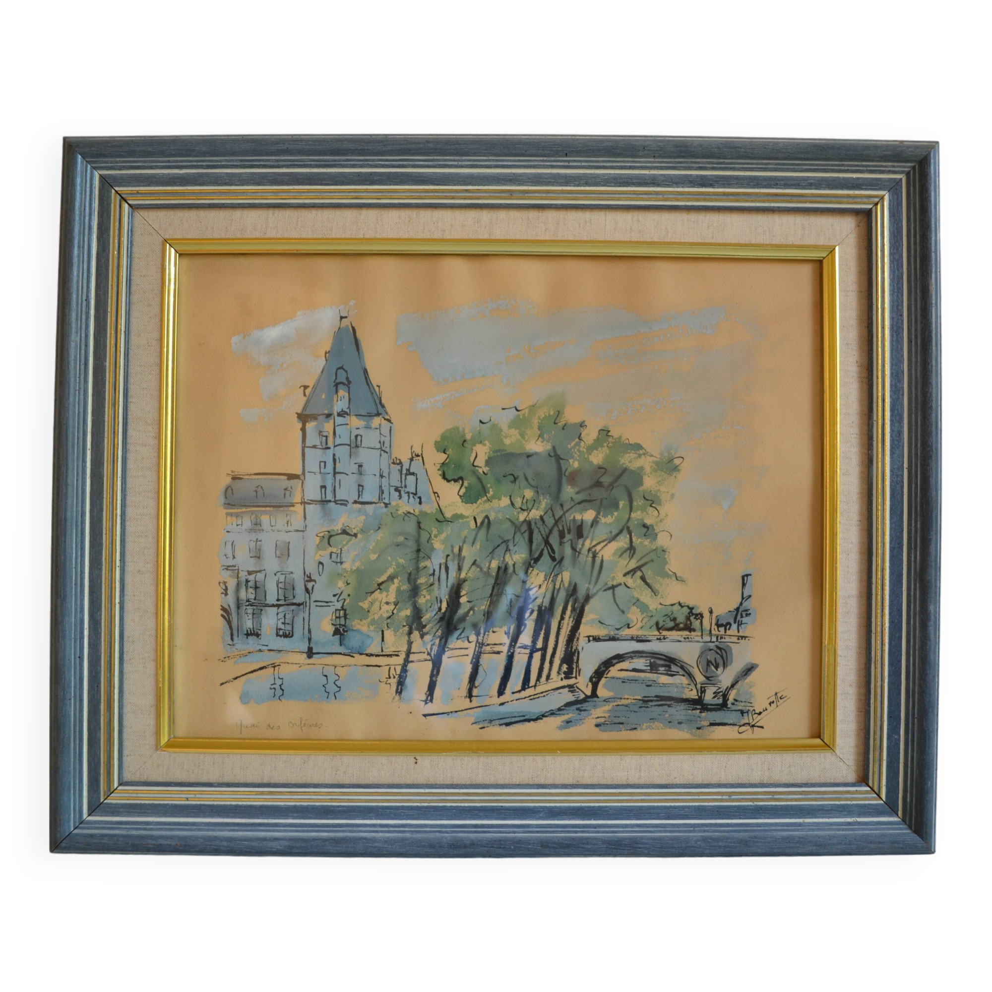 Paris the quai des orfèvres and the pont saint michel painting framed under glass