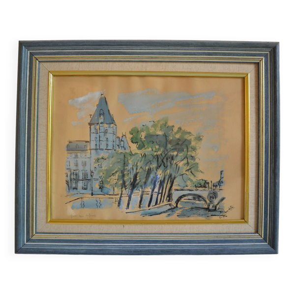 Paris le quai des orfèvres et le pont saint michel peinture encadrée sous verre