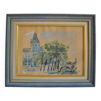 Paris the quai des orfèvres and the pont saint michel painting framed under glass