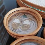 Tray Set and 5 Butterfly Aperitif Coasters - Bamboo and Rattan - Vintage