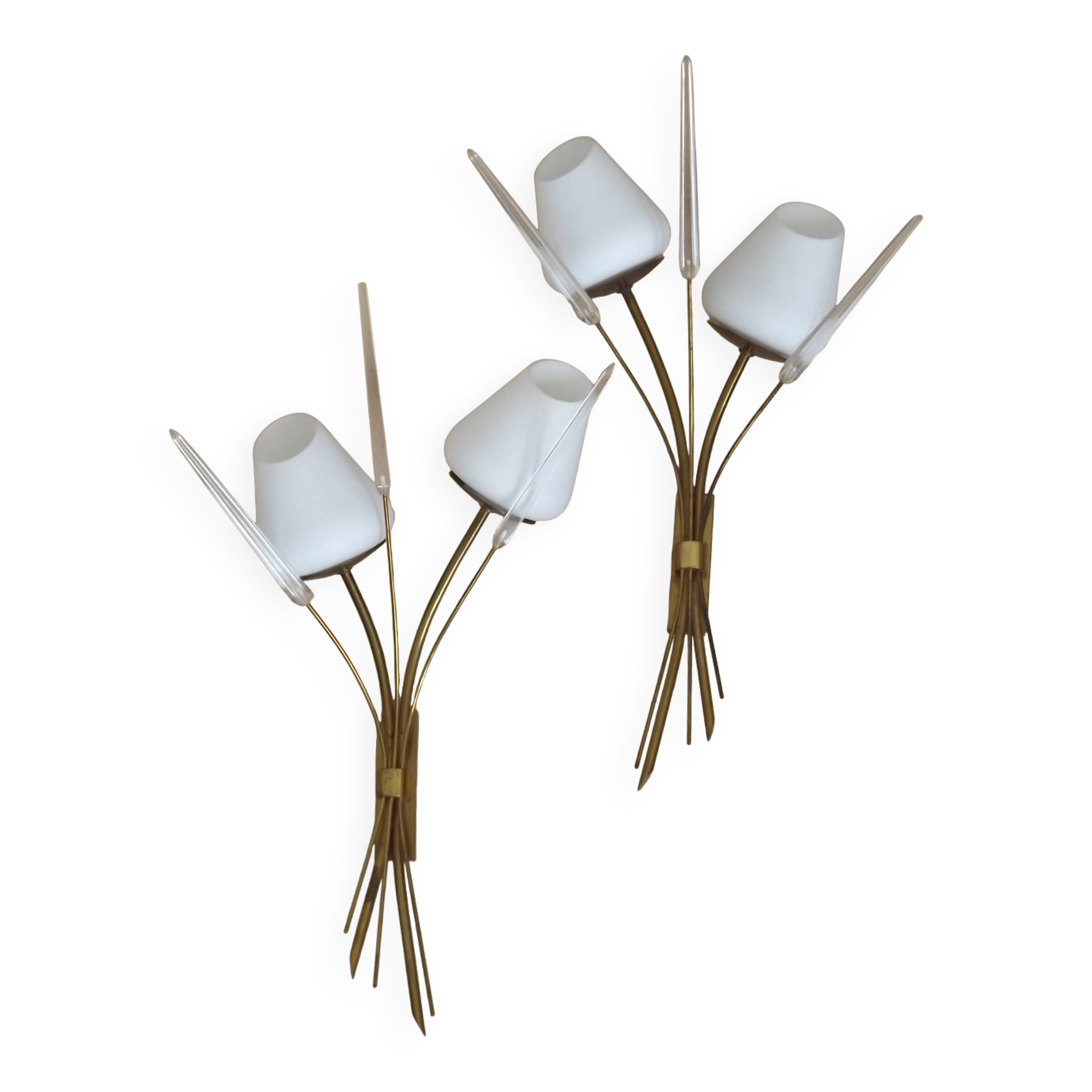 Mid-Century French Brass Sconces • Bullrush Design • Opaque Glass Shades